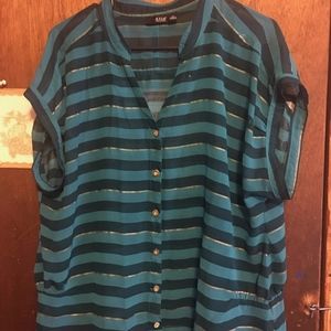 Blue with Gold Accent Stripped Button Blouse